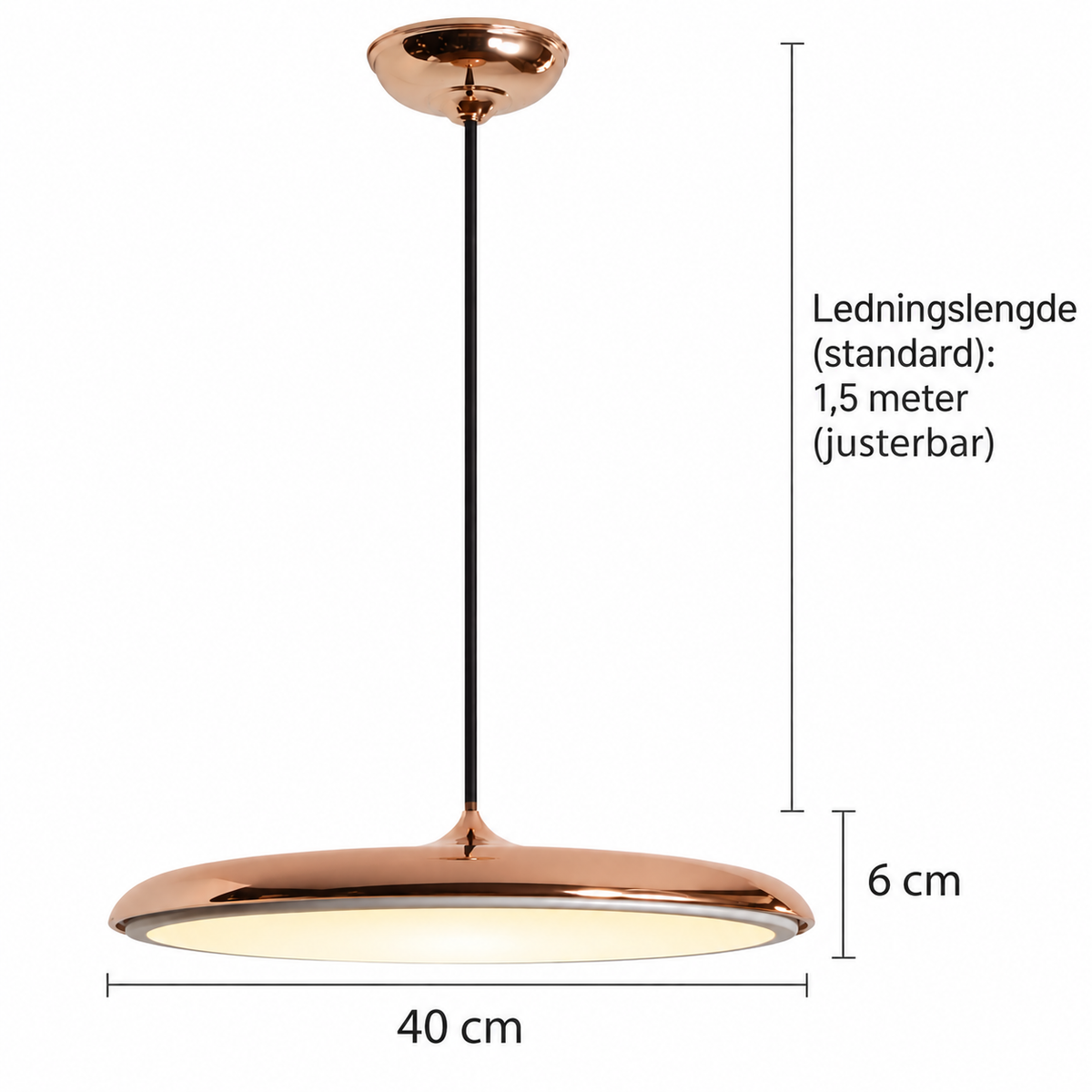 Skivependel – flat LED i metall i gull: Ø 40 cm bred, 6 cm høy og med 1,5 meter justerbar ledning
