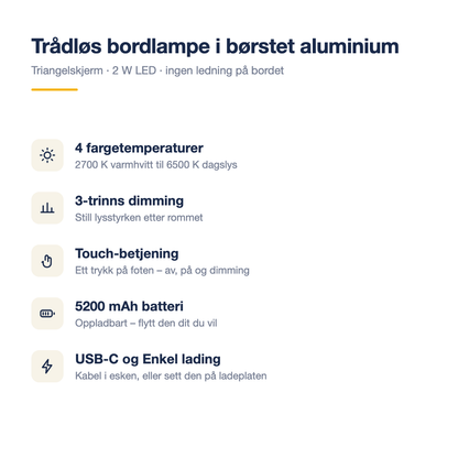 Trådløs bordlampe i børstet aluminium – 4 fargetemperaturer, 3-trinns dimming, touch, 5200 mAh og USB-C.