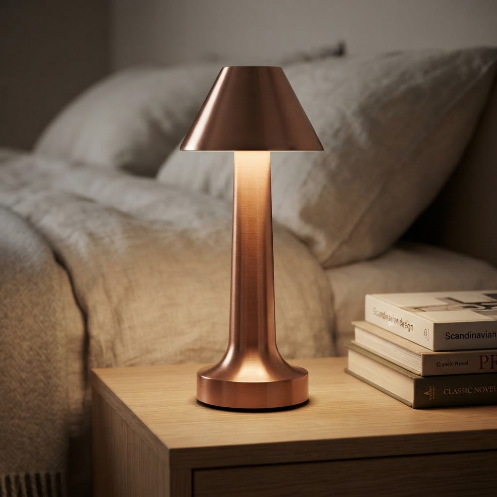 Ladbar bordlampe i rødbronse på nattbord ved siden av en bokstabel i et soverom.