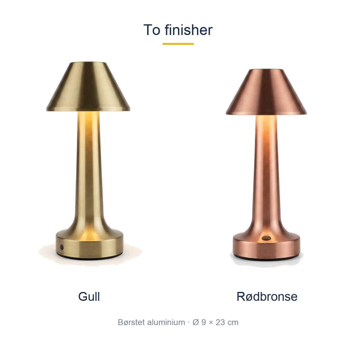 Bordlampen i to finisher – gull og rødbronse – i børstet aluminium.