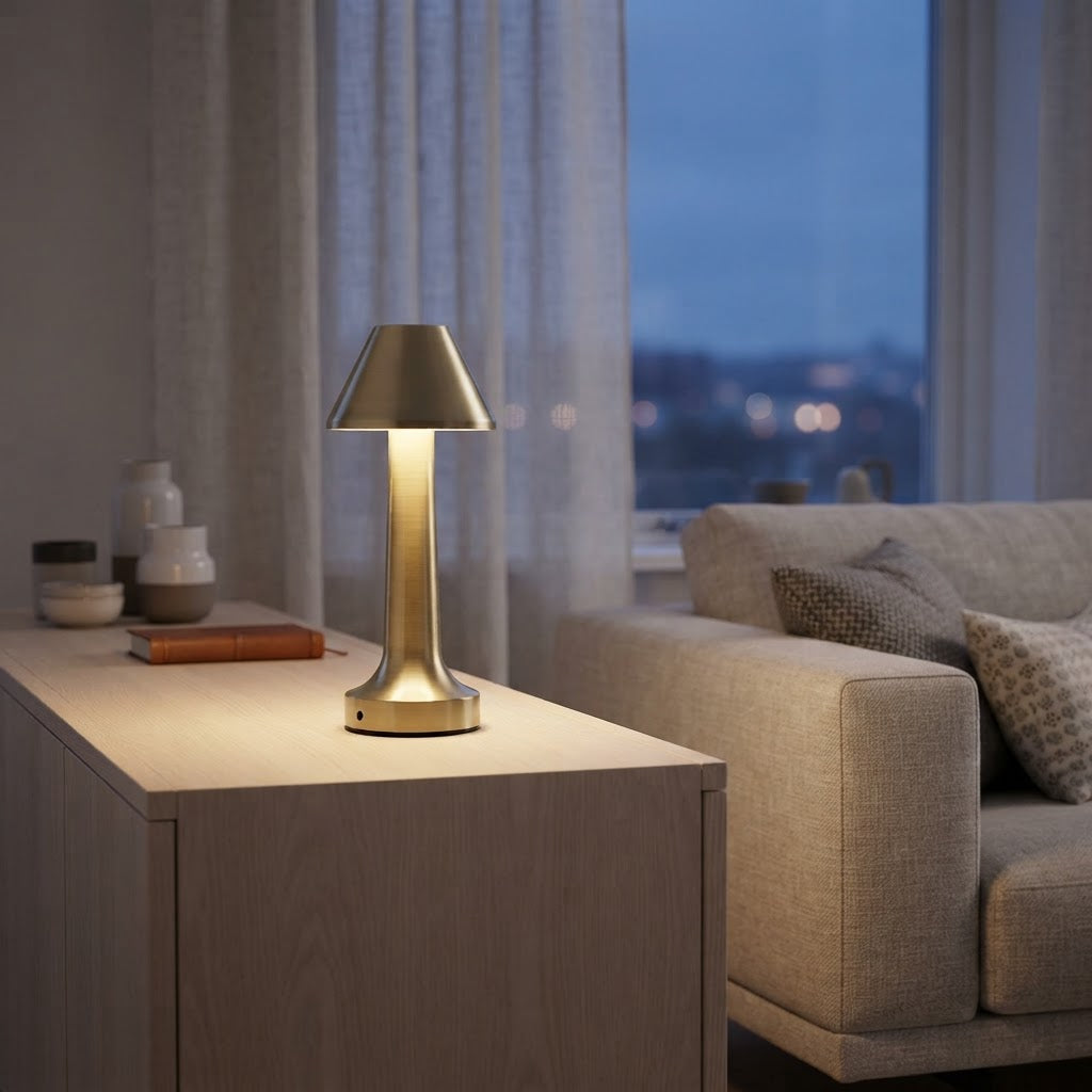 Ladbar bordlampe i gull på en eikeskjenk i en skandinavisk stue om kvelden.