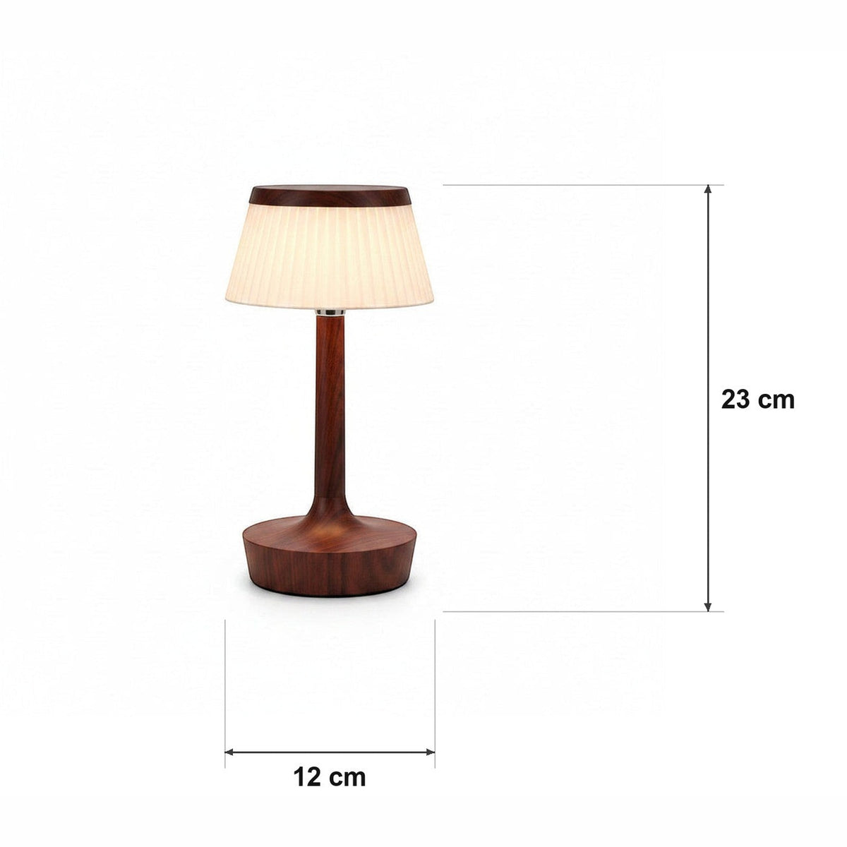 Bordlampe med plissert skjerm – 6 finisher, 2000 mAh – målskisse Ø 12 cm × H 23 cm