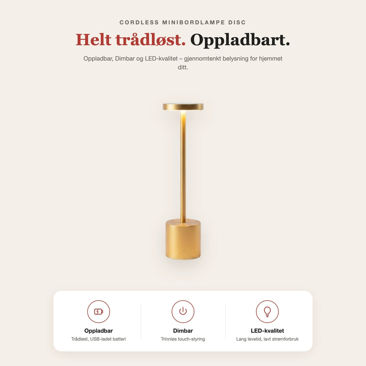 Cordless minibordlampe disc-top – funksjoner og fordeler