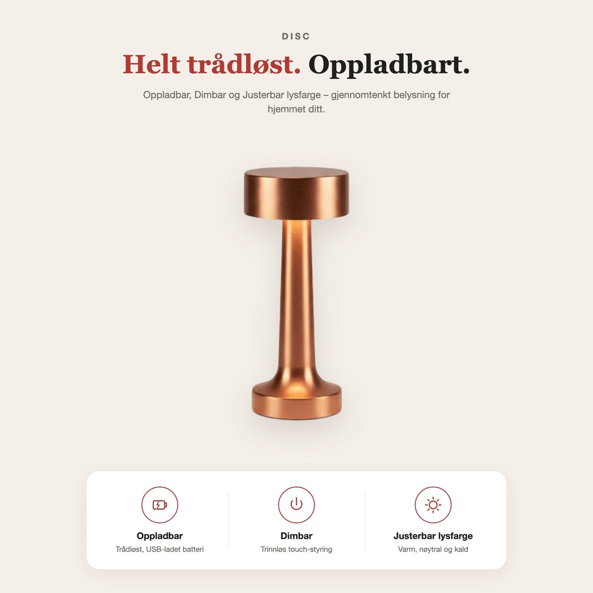 Disc-top cordless bordlampe i børstet aluminium – funksjoner og fordeler