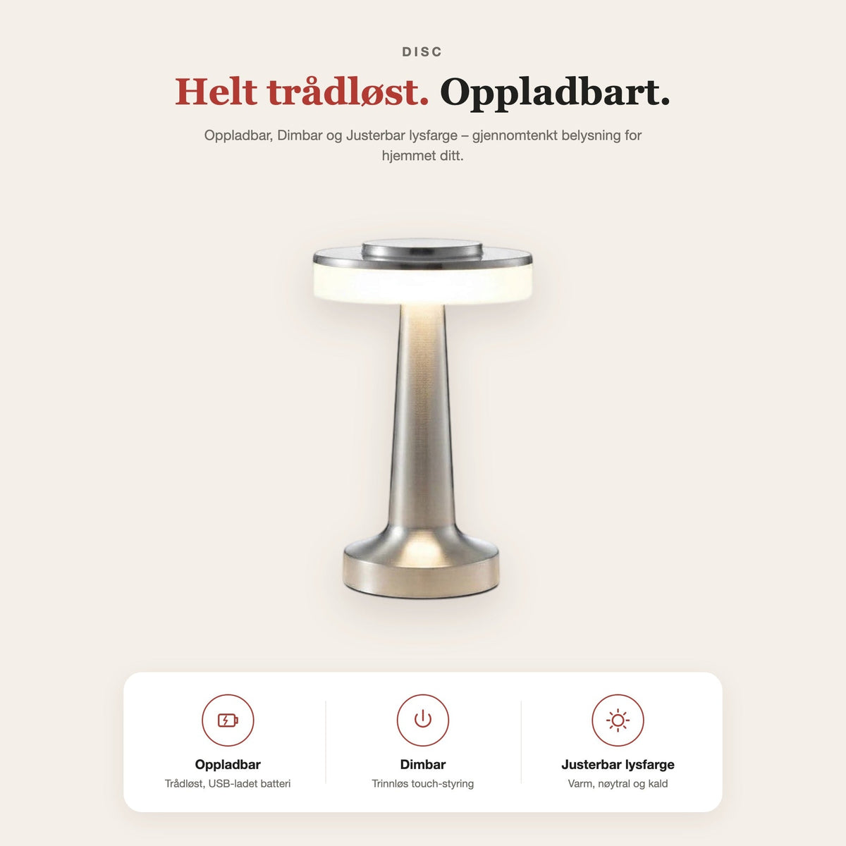 Disc-top touch-bordlampe i metall – funksjoner og fordeler