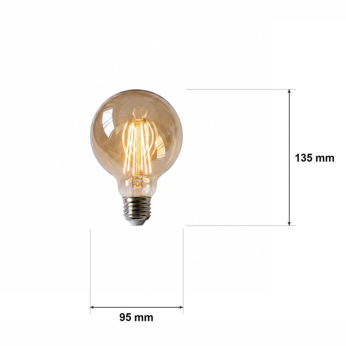 Filament LED-globepære G95 – amber, E27 – målskisse Ø 95 mm × H 135 mm