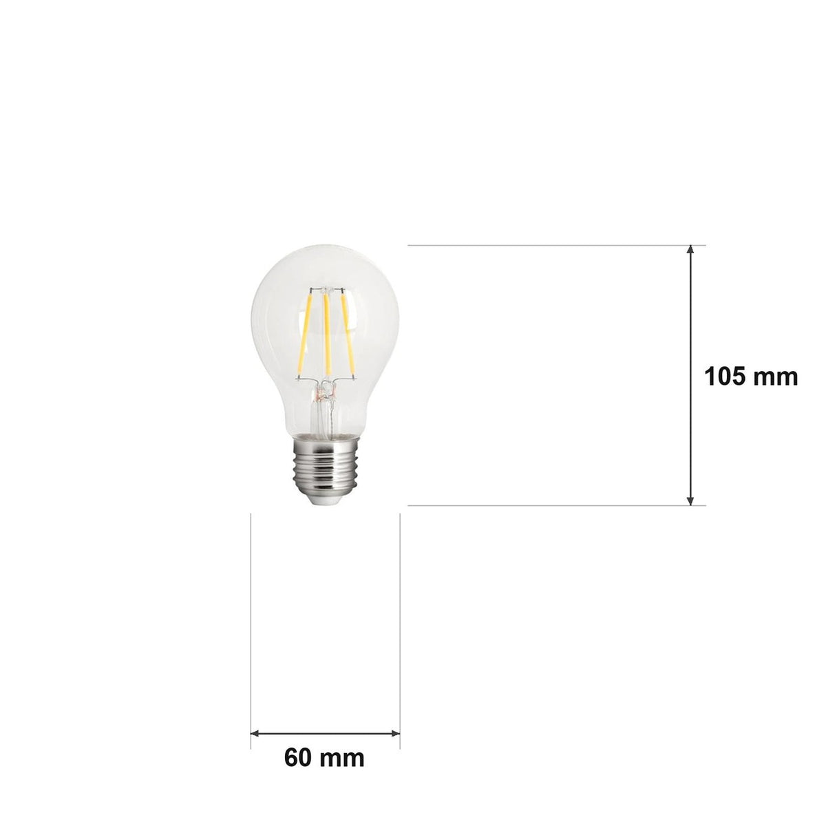Filament LED-pære A60 – klassisk edison, E27 – målskisse Ø 60 mm × H 105 mm