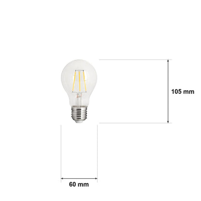 Filament LED-pære A60 – klassisk edison, E27 – målskisse Ø 60 mm × H 105 mm