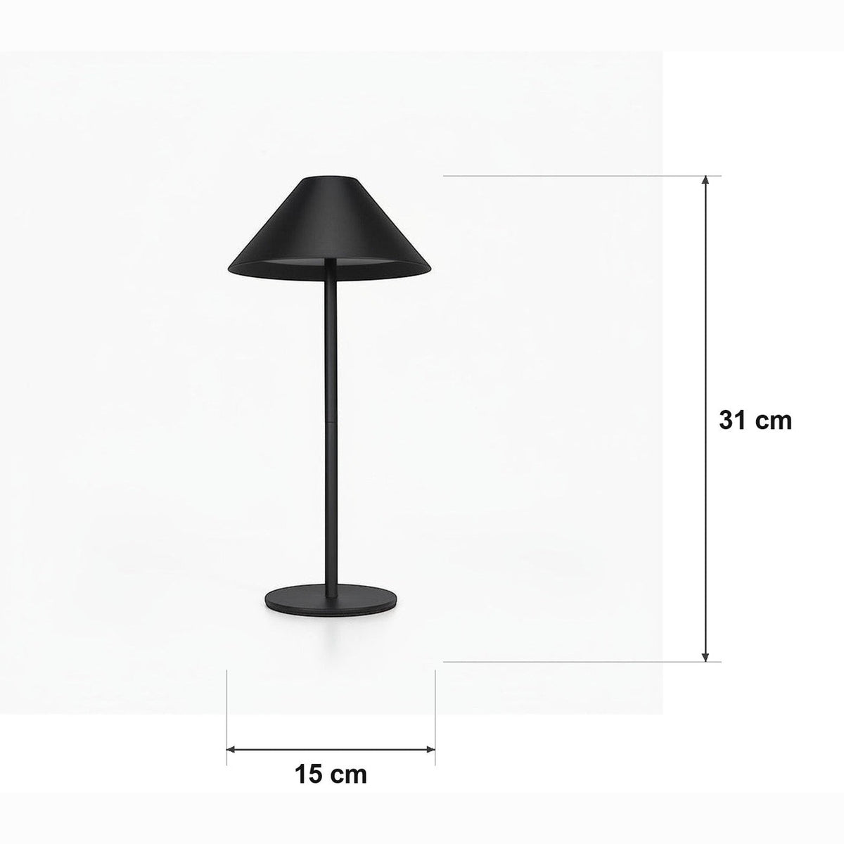 Konisk skjermlampe cordless – 4000 mAh 3000 k – målskisse Ø 15 cm × H 31 cm