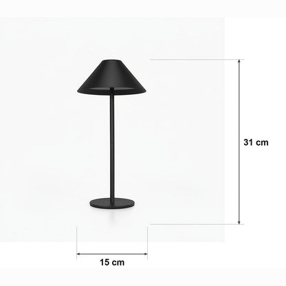 Konisk skjermlampe cordless – 4000 mAh 3000 k – målskisse Ø 15 cm × H 31 cm