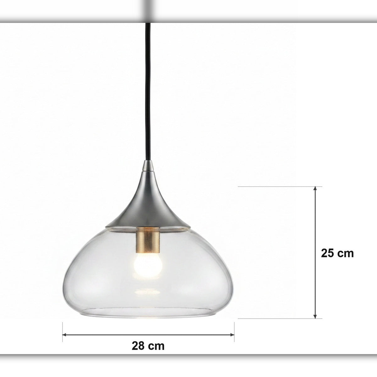 Glasspendel – dråpeformet kuppel i glass – målskisse Ø 28 cm × H 25 cm