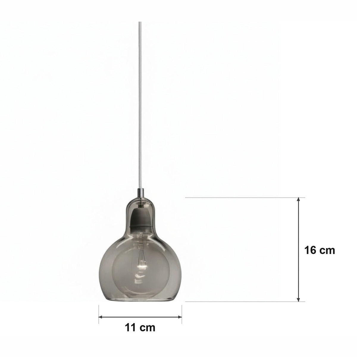 Glasspendel – liten pære i røykglass – målskisse Ø 11 cm × H 16 cm