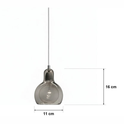 Glasspendel – liten pære i røykglass – målskisse Ø 11 cm × H 16 cm