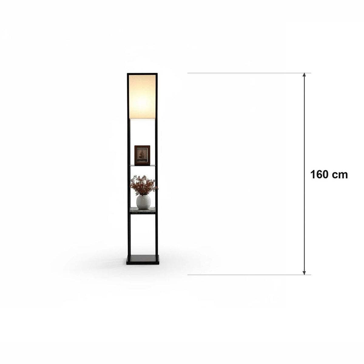Gulvlampe med hylle i tre og stoff – målskisse H 160 cm