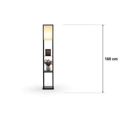 Gulvlampe med hylle i tre og stoff – målskisse H 160 cm