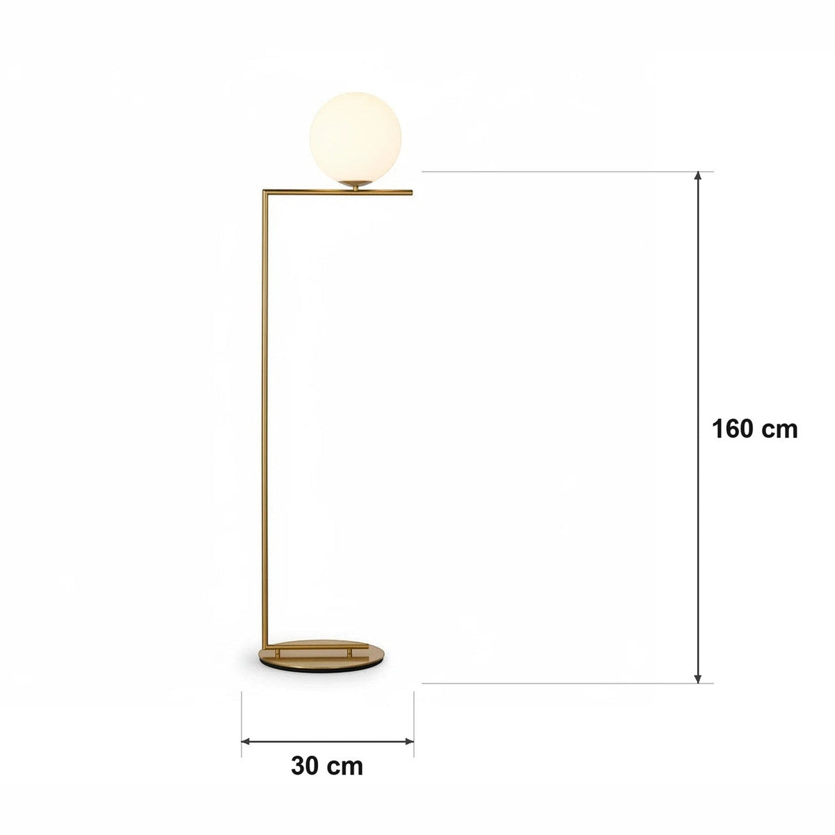 Gulvlampe med opalkule og sidebord – målskisse Ø 30 cm × H 160 cm