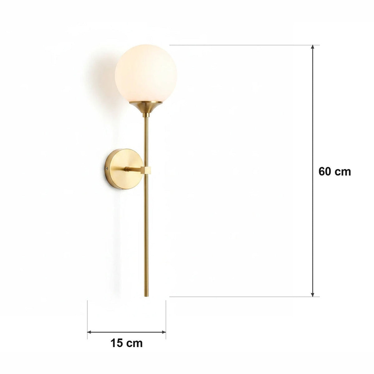 Mål og spesifikasjoner for Messing vegglampe med opalkule