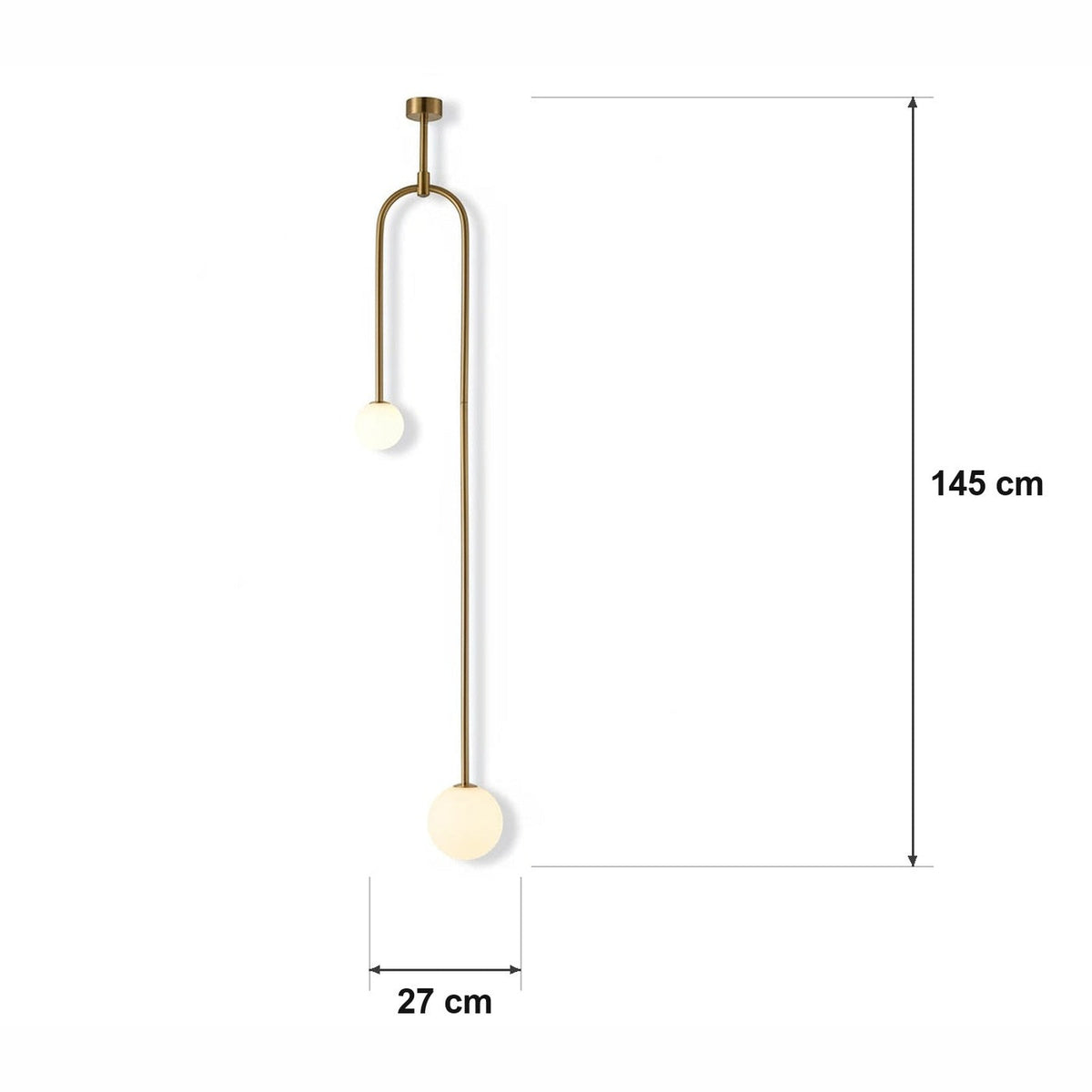 Opalglass pendellampe – slank messingstang – målskisse Ø 27 cm × H 145 cm