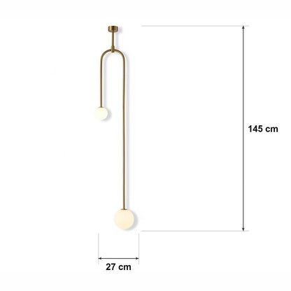 Opalglass pendellampe – slank messingstang – målskisse Ø 27 cm × H 145 cm