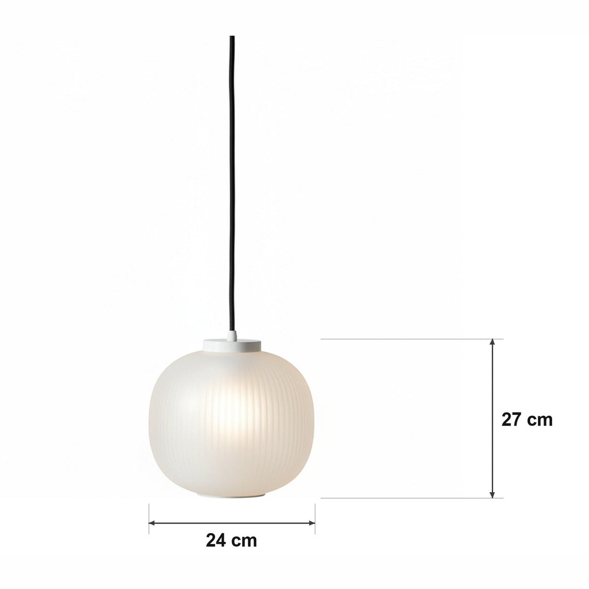 Riflet glasskule pendellampe – rund globe – målskisse Ø 24 cm × H 27 cm