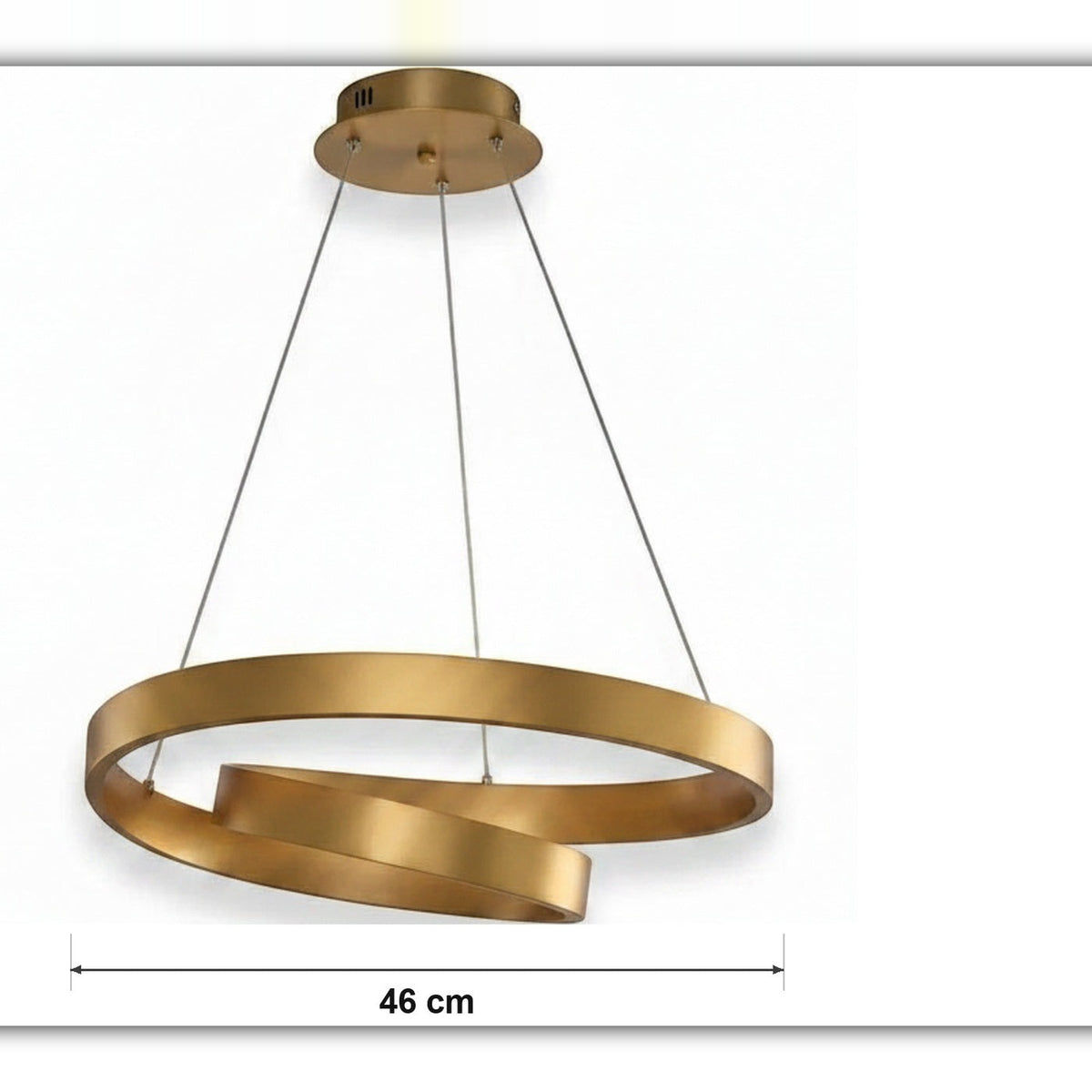 Spiralformet LED pendellampe – gullring i loop – målskisse Ø 46 cm