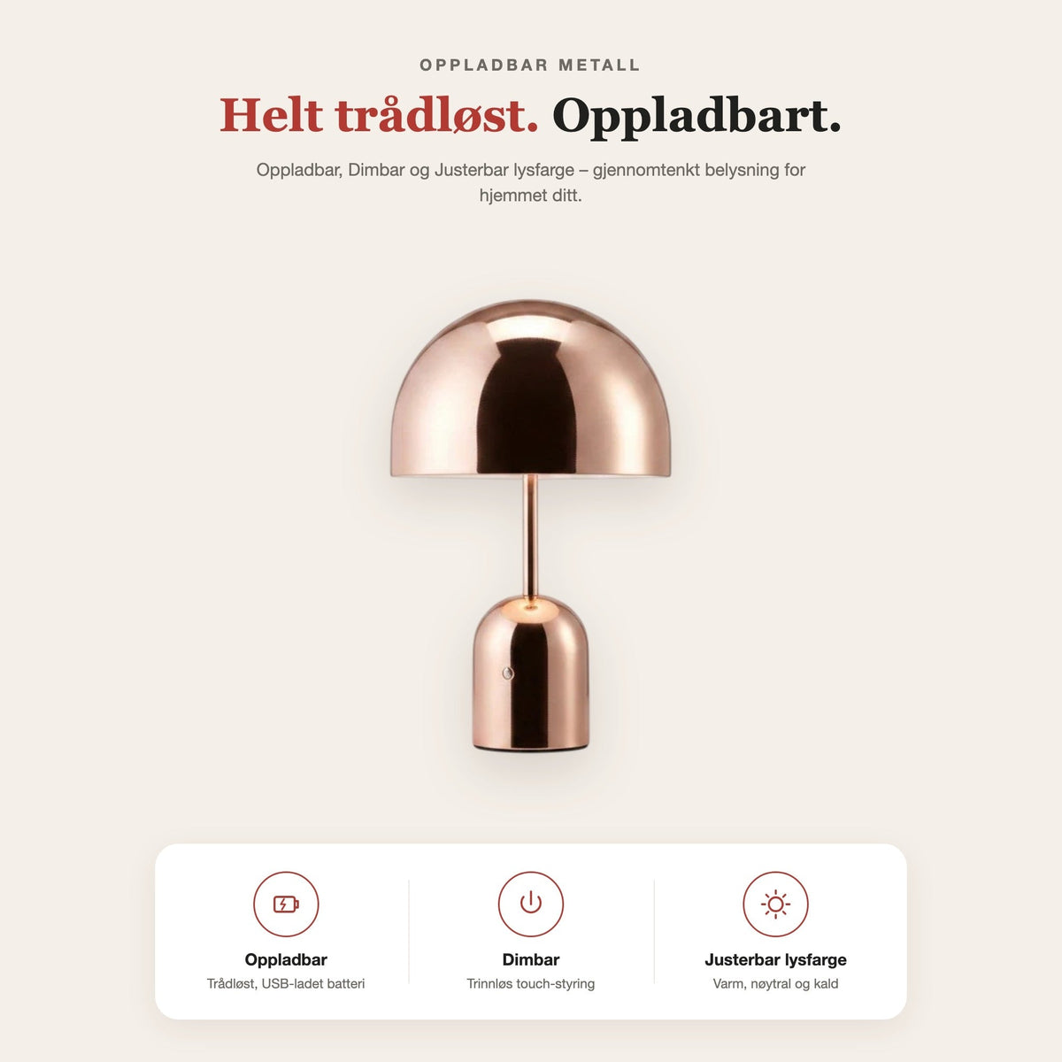 Oppladbar metall-bordlampe Sopp – funksjoner og fordeler