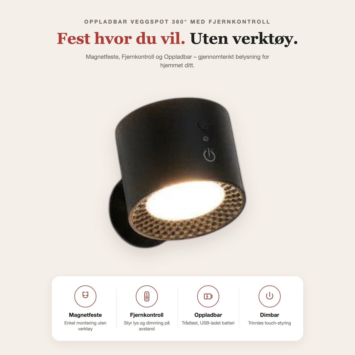 Oppladbar veggspot 360° med fjernkontroll – funksjoner og fordeler