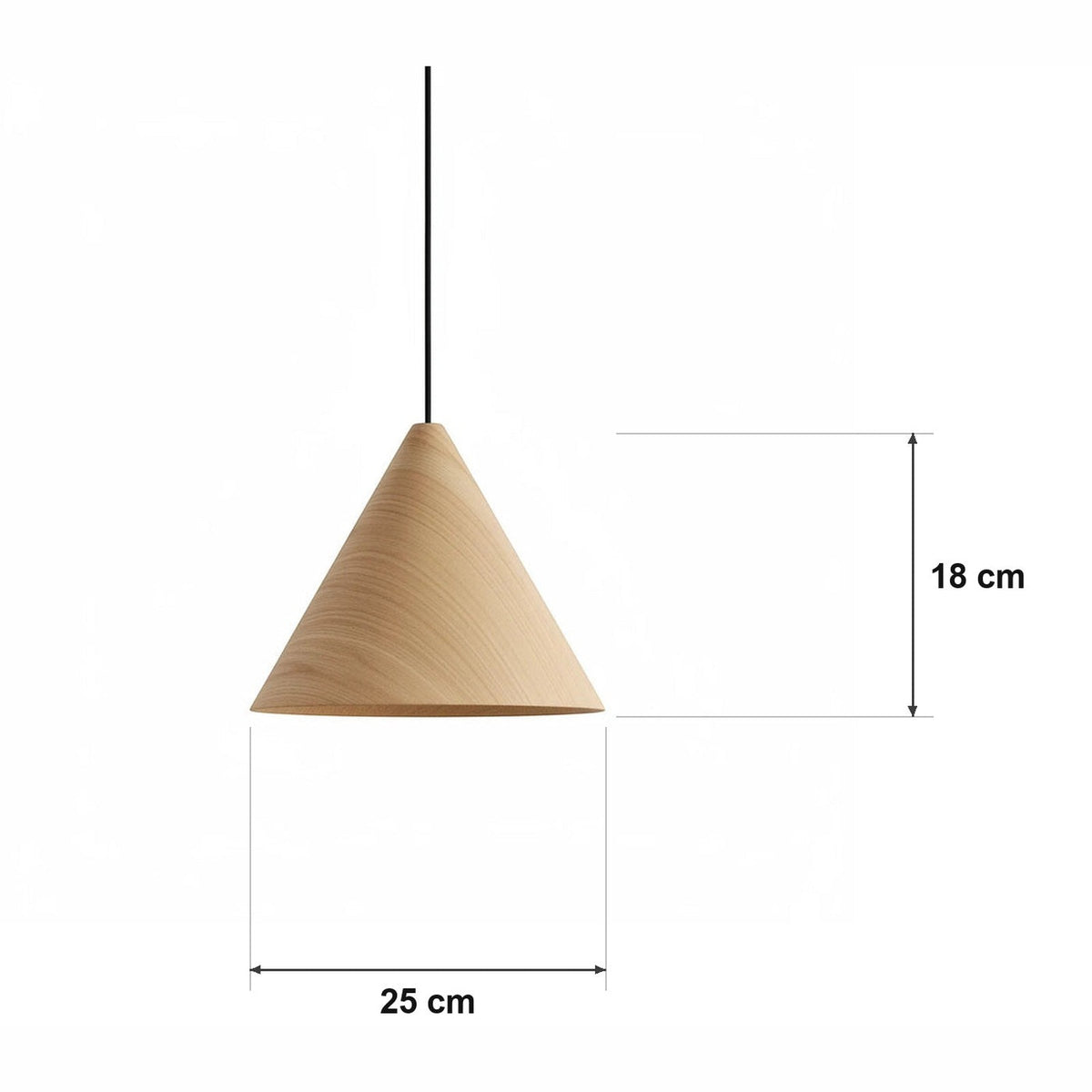 Pendellampe KJEGLE i tre – målskisse Ø 25 cm × H 18 cm