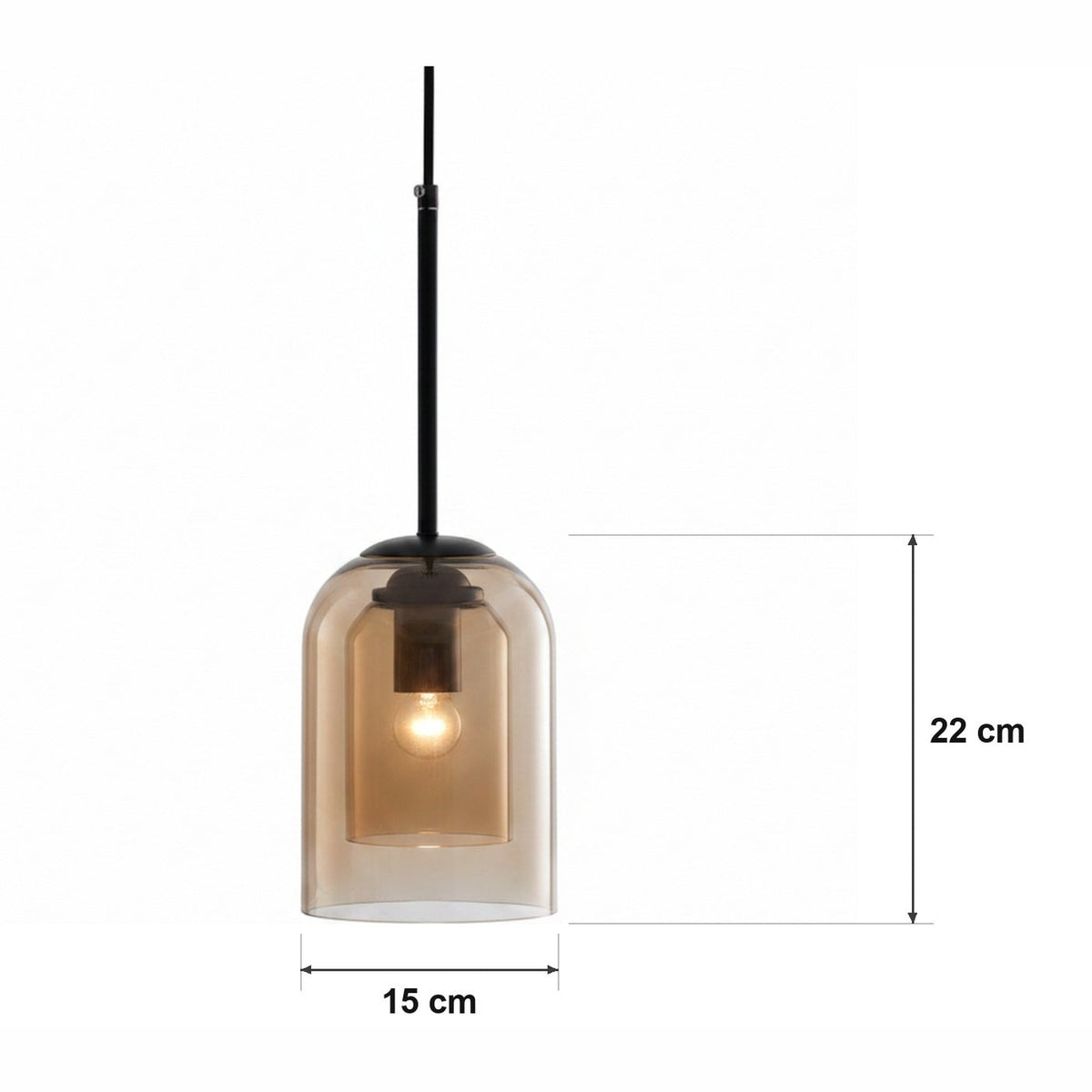 Pendellampe SYLINDER i røykglass – målskisse Ø 15 cm × H 22 cm