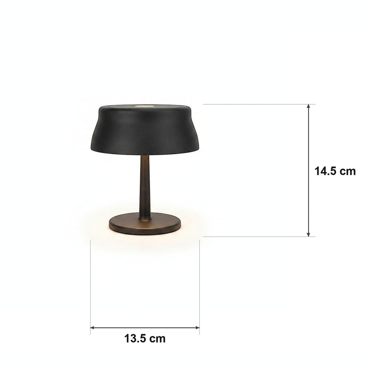 UFO disc-top cordless bordlampe – 5200 mAh – målskisse Ø 13.5 cm × H 14.5 cm