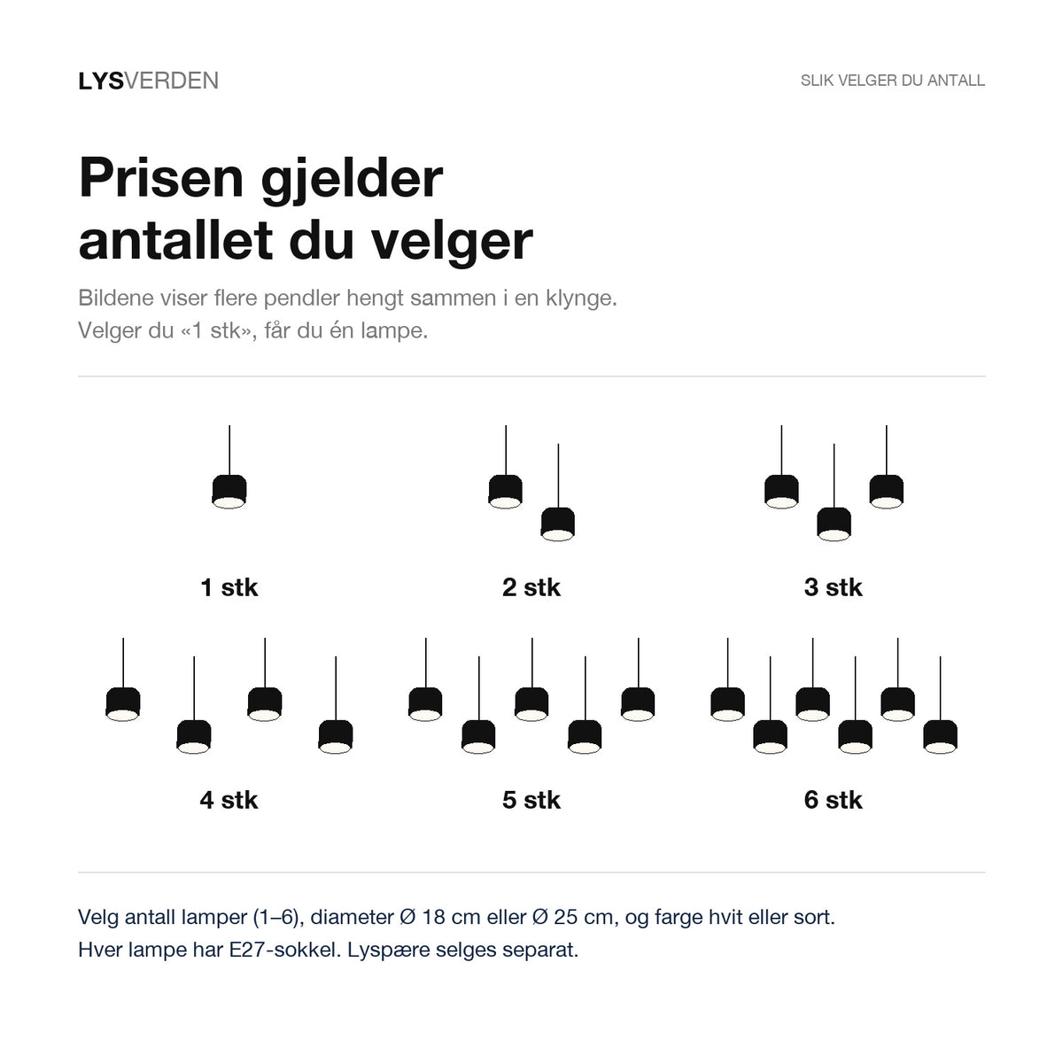 Slik velger du antall: prisen gjelder antallet lamper du velger – fra 1 til 6 trommelpendler, i Ø 18 cm eller Ø 25 cm