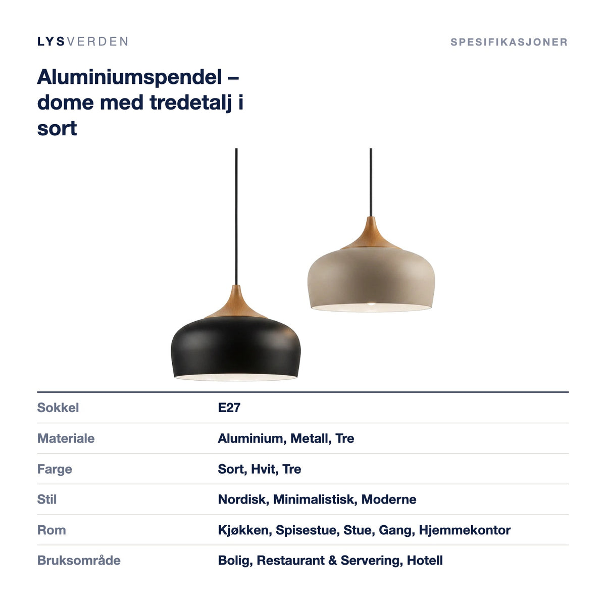 Aluminiumspendel – dome med tredetalj i sort – mål og spesifikasjoner