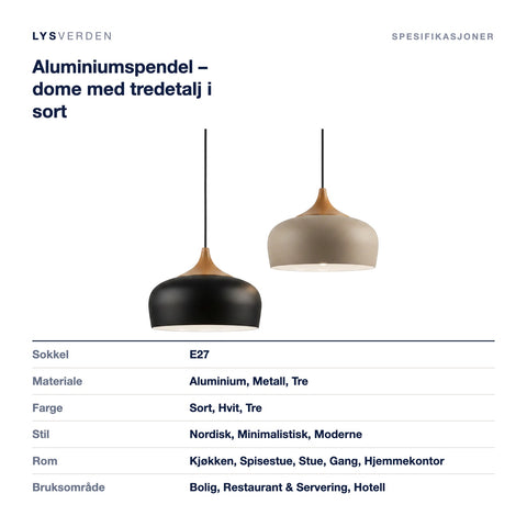Mål og spesifikasjoner for Aluminiumspendel – dome med tredetalj i sort