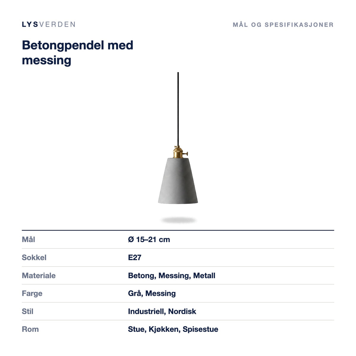 Betongpendel med messing – mål og spesifikasjoner