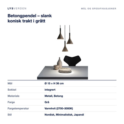 Betongpendel – slank konisk trakt i grått – mål og spesifikasjoner