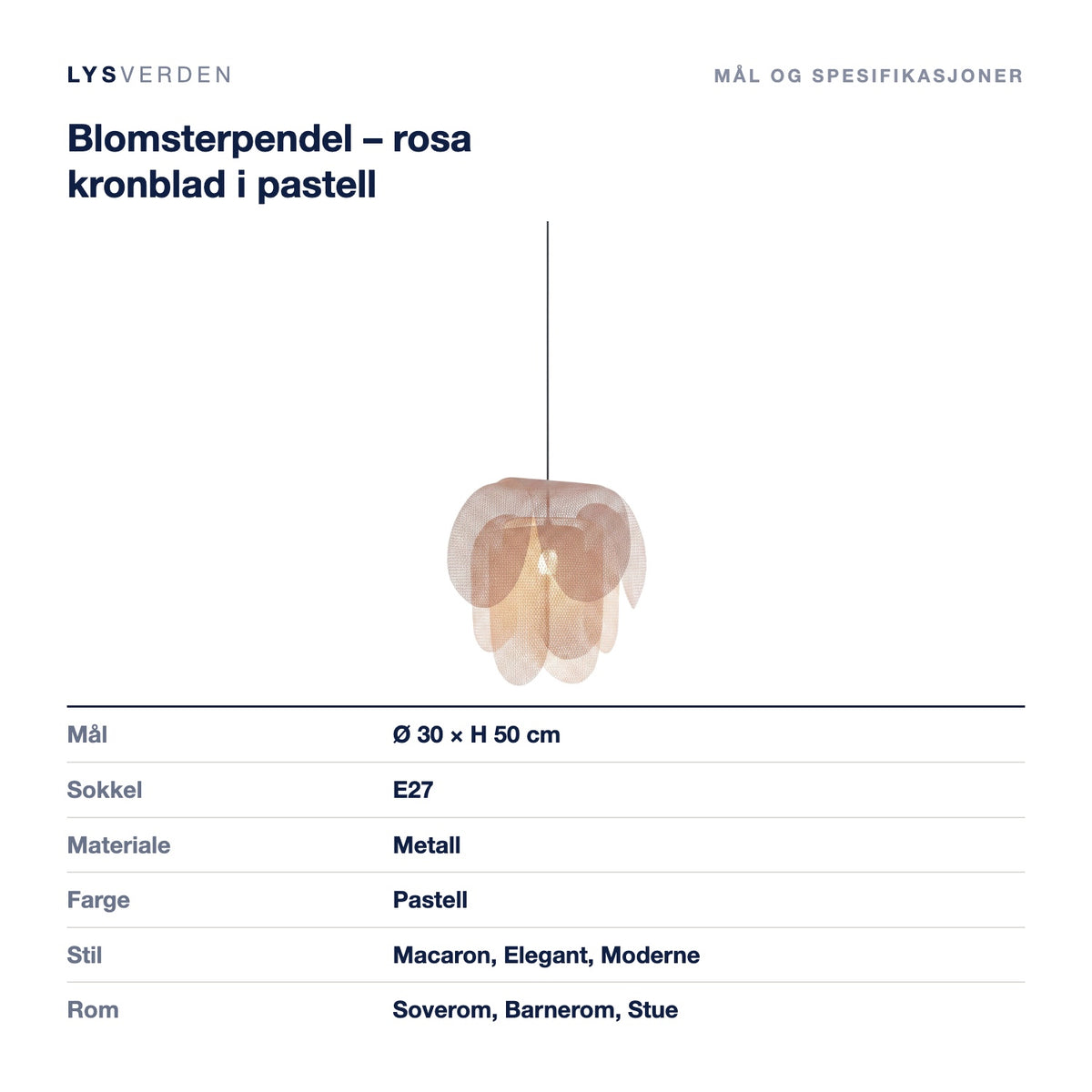 Blomsterpendel – rosa kronblad i pastell – mål og spesifikasjoner