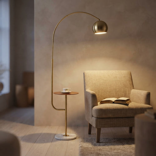 Buegulvlampe med marmorfot – tent ved lenestolen