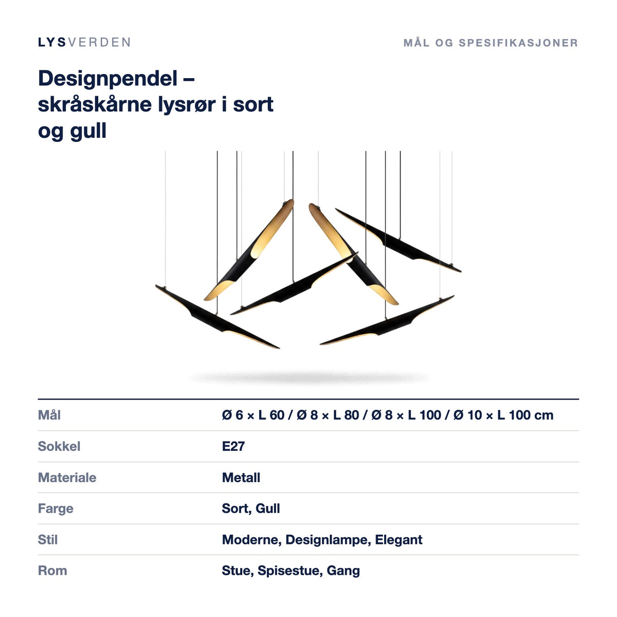 Mål og spesifikasjoner for Designpendel – skråskårne lysrør i sort og gull