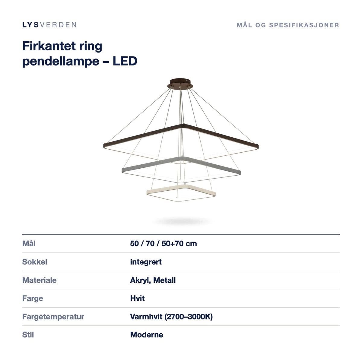 Firkantet ring pendellampe – LED – mål og spesifikasjoner