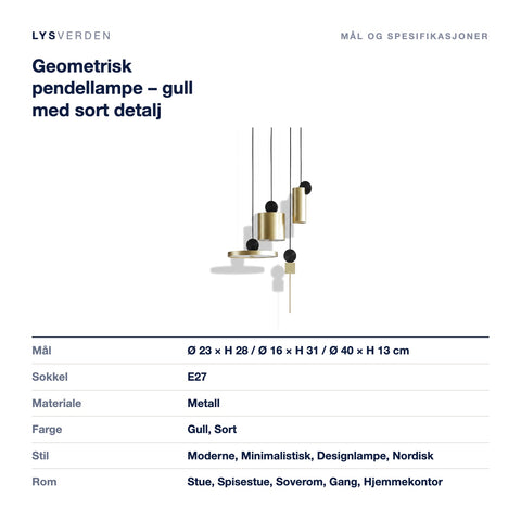 Mål og spesifikasjoner for Geometrisk pendellampe – gull med sort detalj