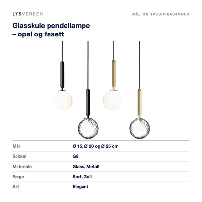 Glasskule pendellampe – opal og fasett – mål og spesifikasjoner