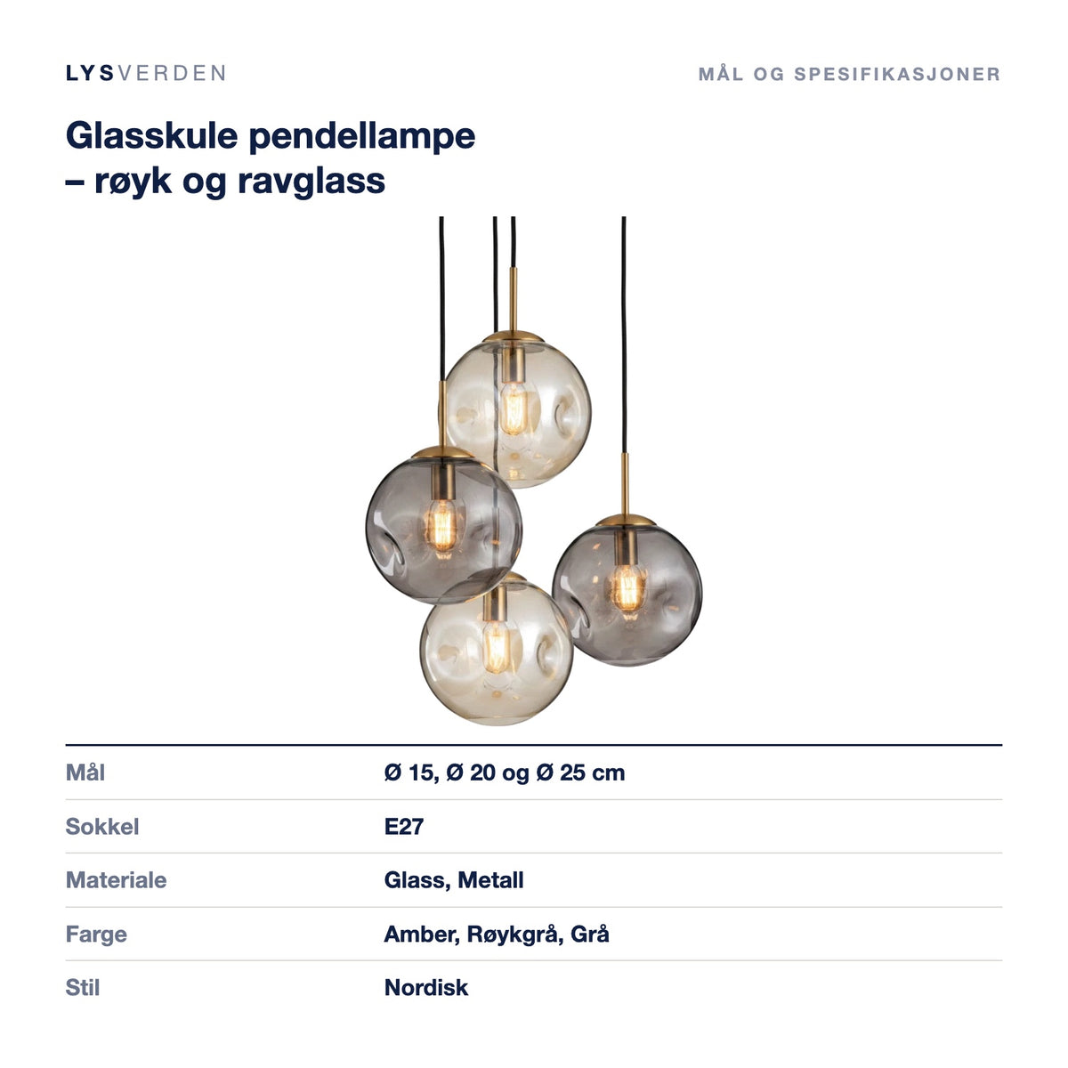 Mål og spesifikasjoner for Glasskule pendellampe – røyk og ravglass