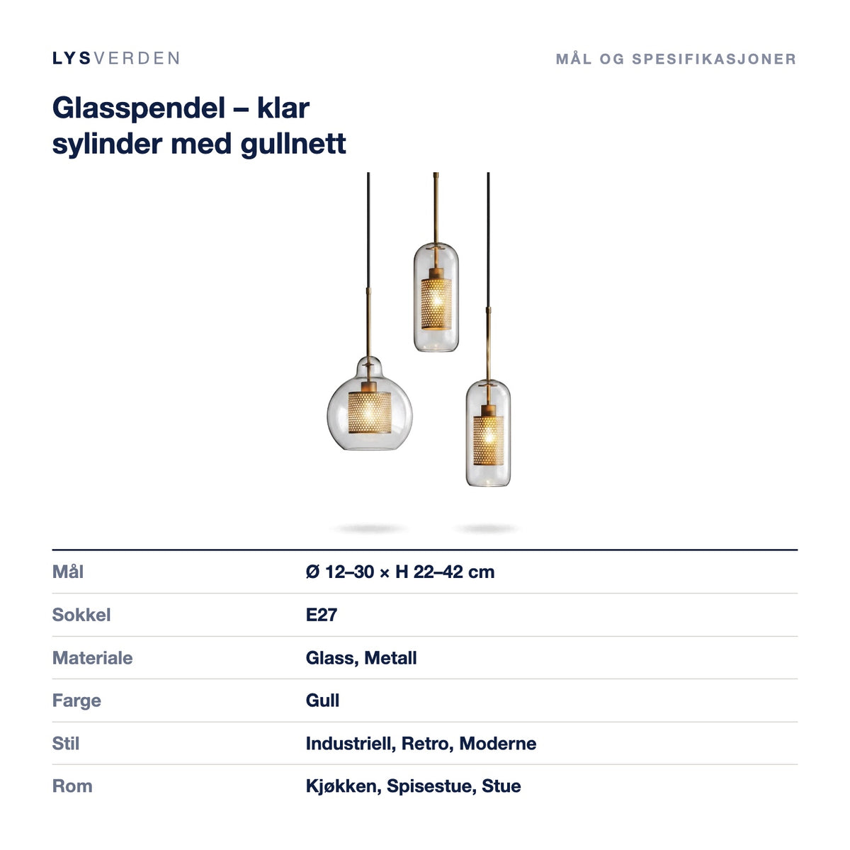 Mål og spesifikasjoner for Glasspendel – klar sylinder med gullnett