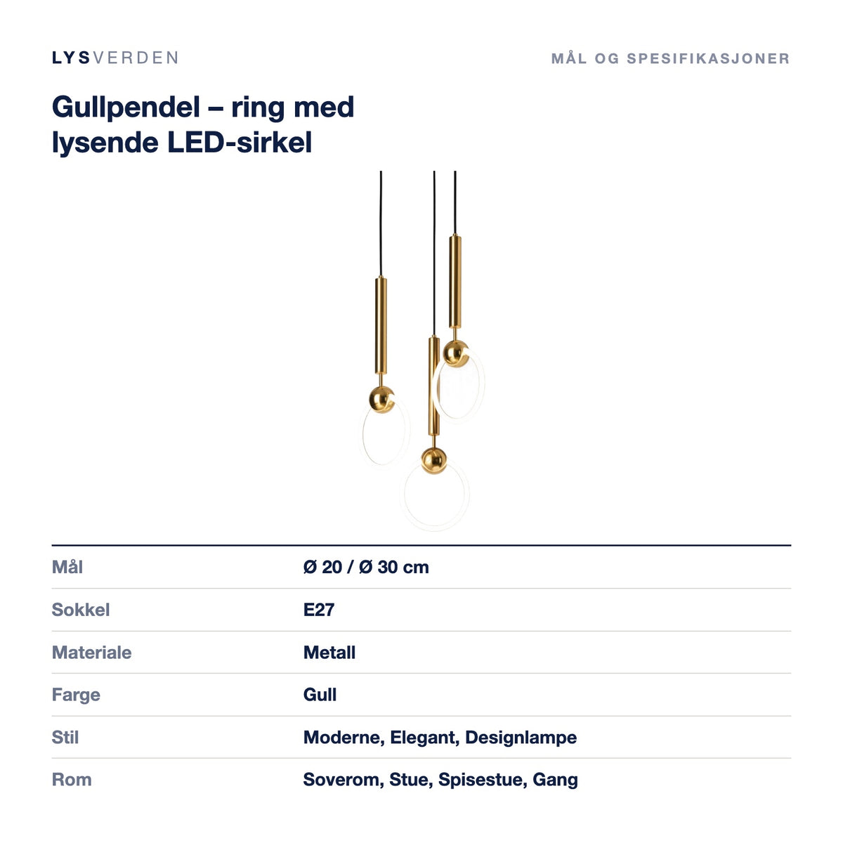 Gullpendel – ring med lysende LED-sirkel – mål og spesifikasjoner