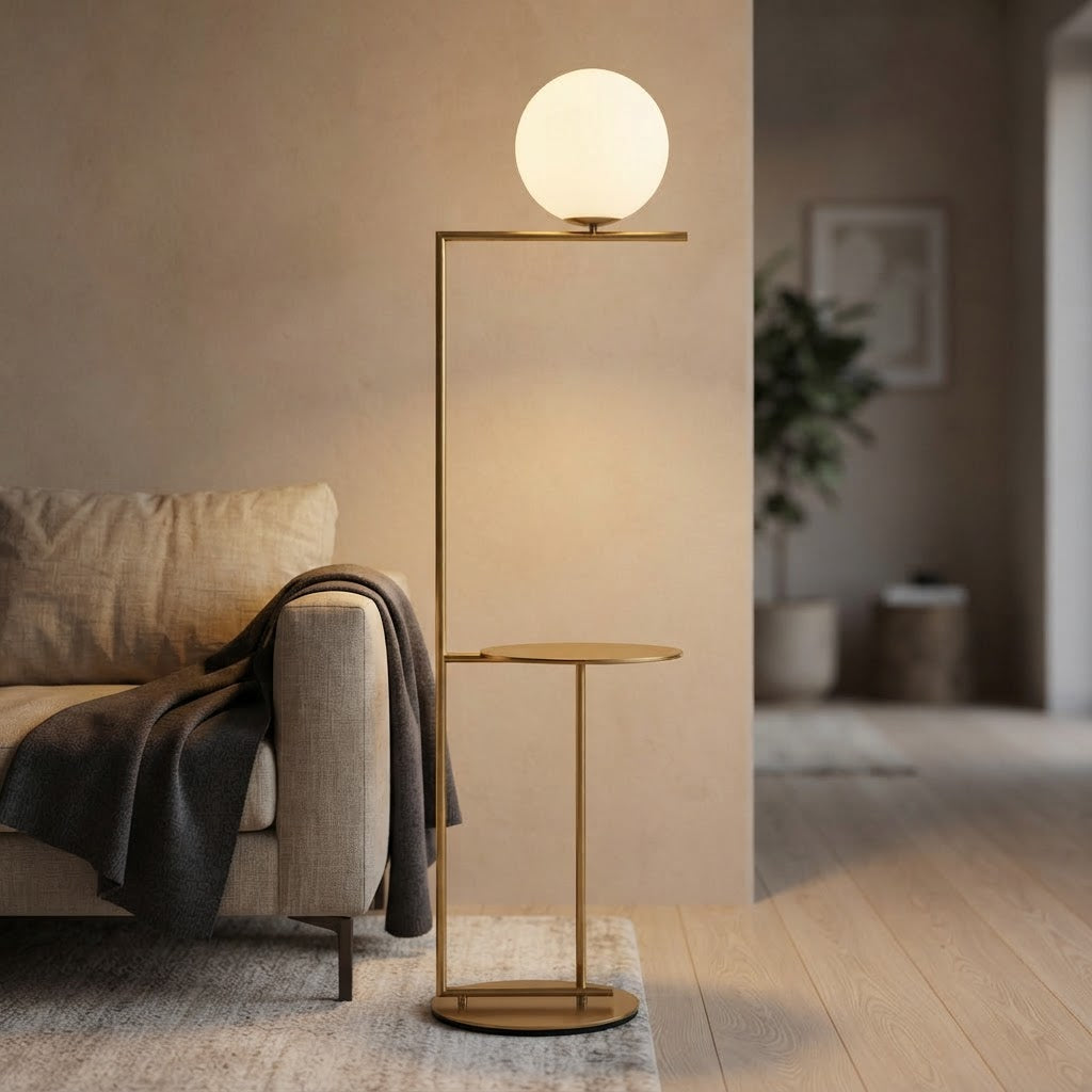 Gulvlampe med opalkule og sidebord – tent i stue