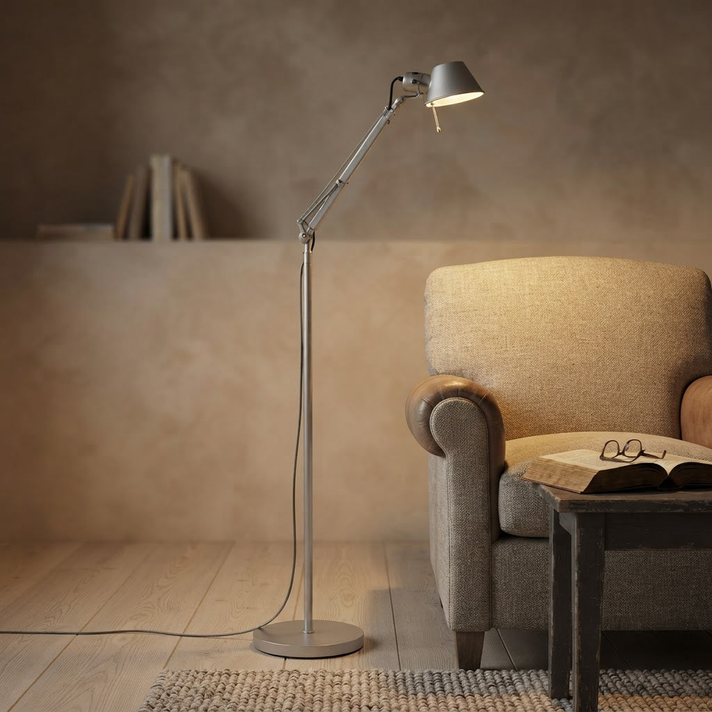 Justerbar arbeidsgulvlampe i aluminium – tent ved lenestolen
