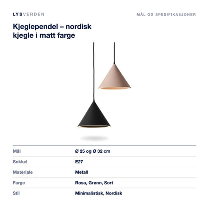 Kjeglependel – nordisk kjegle i matt farge – mål og spesifikasjoner