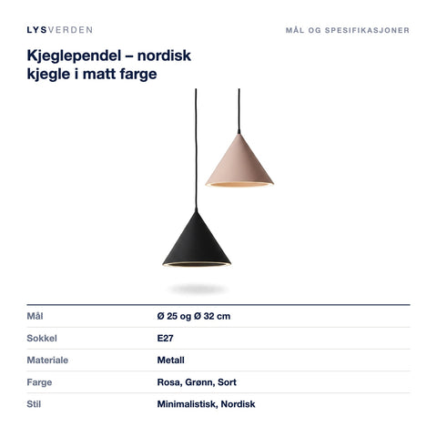 Mål og spesifikasjoner for Kjeglependel – nordisk kjegle i matt farge
