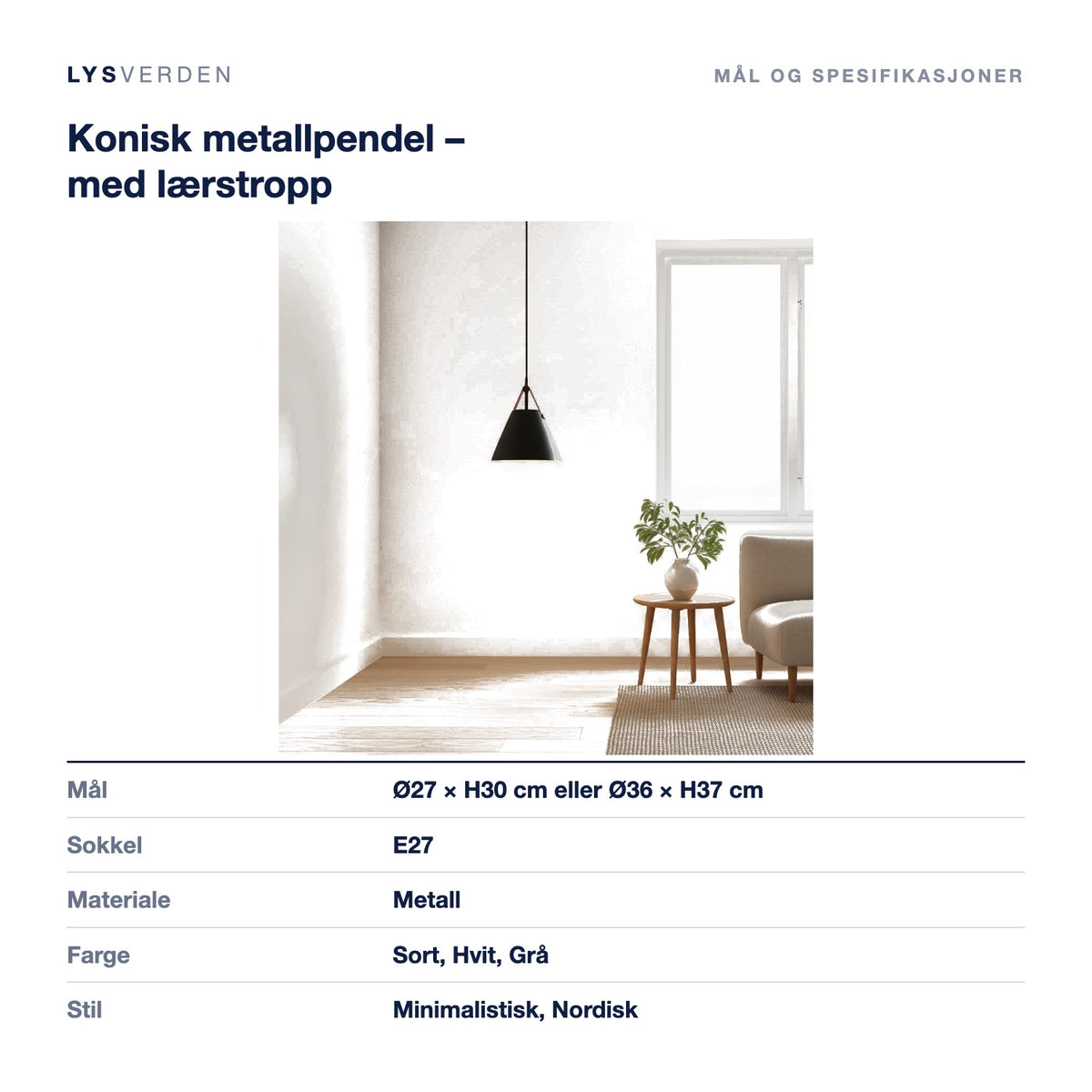 Konisk metallpendel – med lærstropp – mål og spesifikasjoner