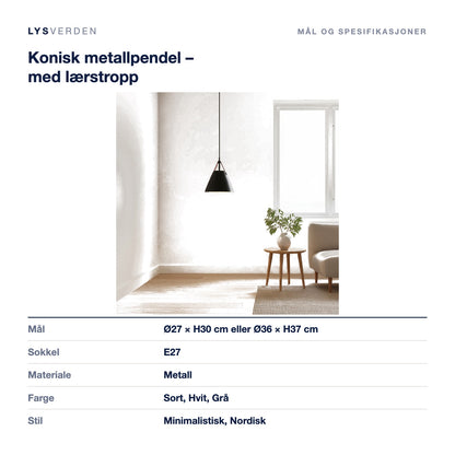Konisk metallpendel – med lærstropp – mål og spesifikasjoner